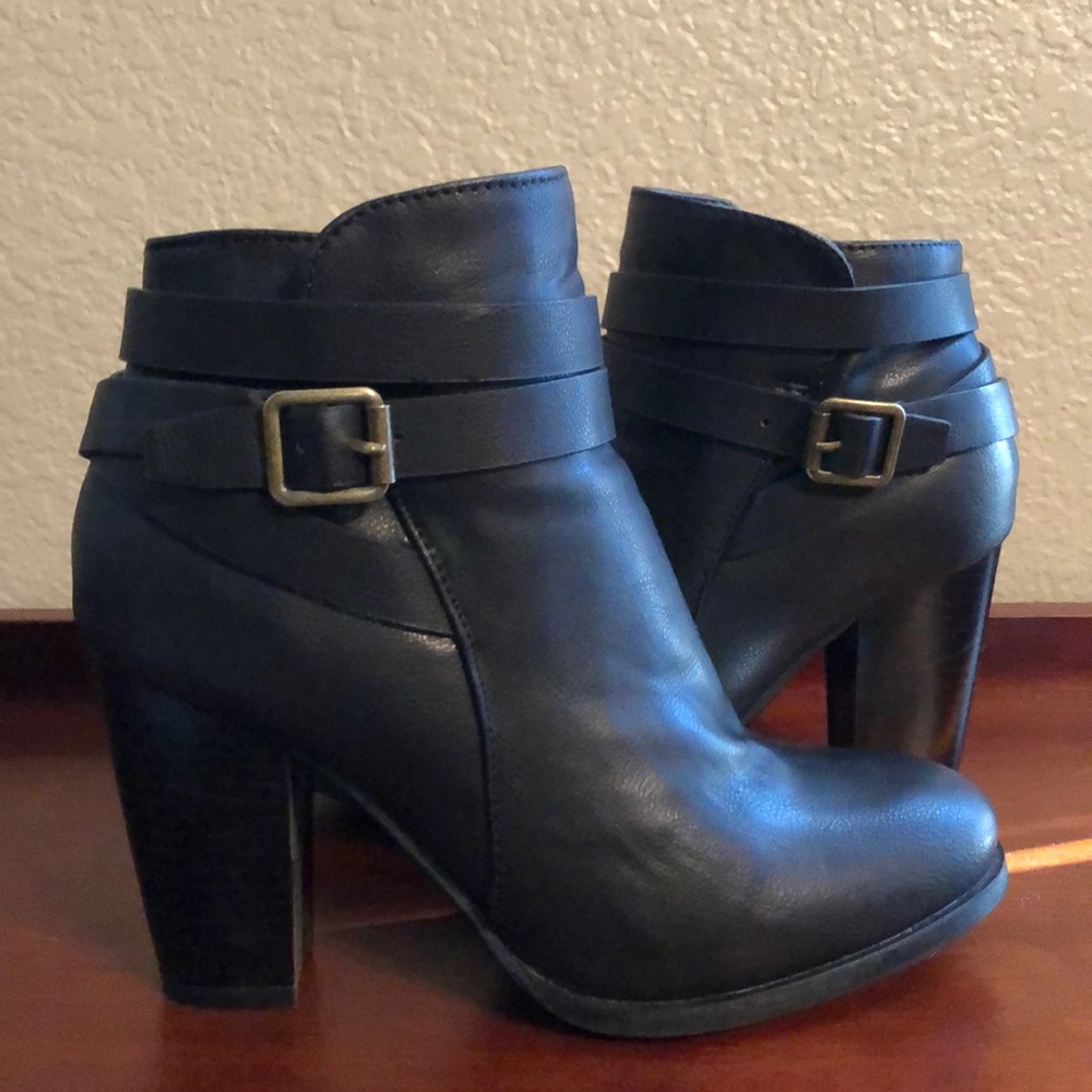 Black Booties with brass buckle detail, like new!